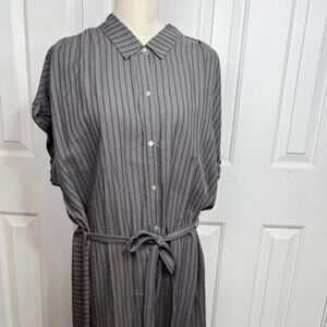 Agnes & Dora 100% Rayon Gray-Striped Shirt Dress with Waist Tie